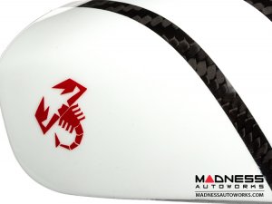 FIAT 500 Mirror Covers - Carbon Fiber - White Racing Stripe w/ Red Scorpion V2